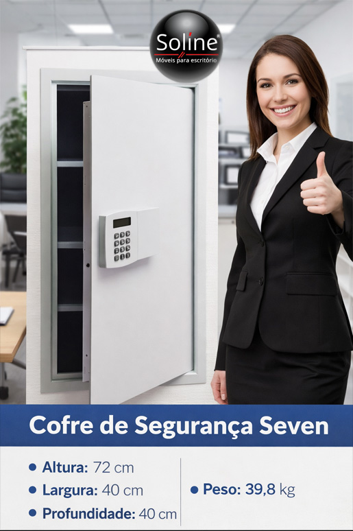 Cofre eletrônico digital Seven com senha, ideal para escritório, instalado de forma discreta para proteger documentos, dinheiro e objetos de valor.