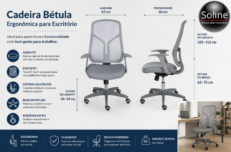 Cadeira Bétula para escritório com encosto ergonômico e acabamento moderno para ambientes corporativos.