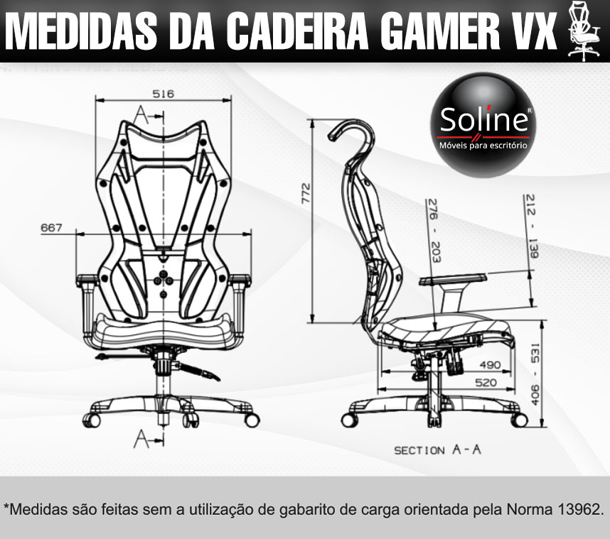 Cadeira Gamer VX com medidas padrão ergonômicas e base giratória resistente