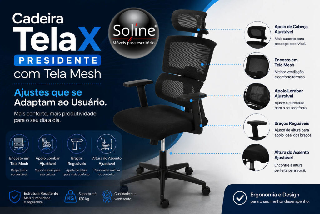 Cadeira TelaX Presidente com Tela Mesh 2 Cadeira TelaX Presidente com Tela Mesh ergonômica para escritório moderno e confortável