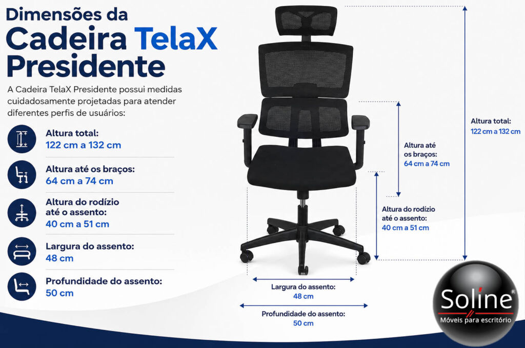 Cadeira TelaX Presidente com Tela Mesh 3 Cadeira TelaX Presidente com ajuste ergonômico e apoio lombar integrado