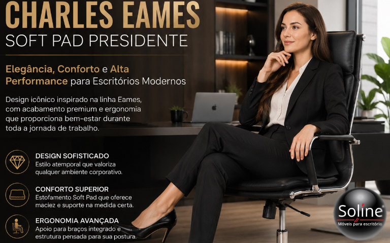 Cadeira Charles Eames Soft Pad Presidente 1 Cadeira Charles Eames Soft Pad Presidente em ambiente de escritório moderno com acabamento em couro preto