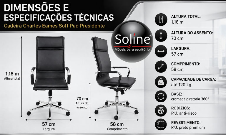 Cadeira Charles Eames Soft Pad Presidente 3 Detalhe da Cadeira Charles Eames Soft Pad com braços acolchoados e estrutura metálica cromada